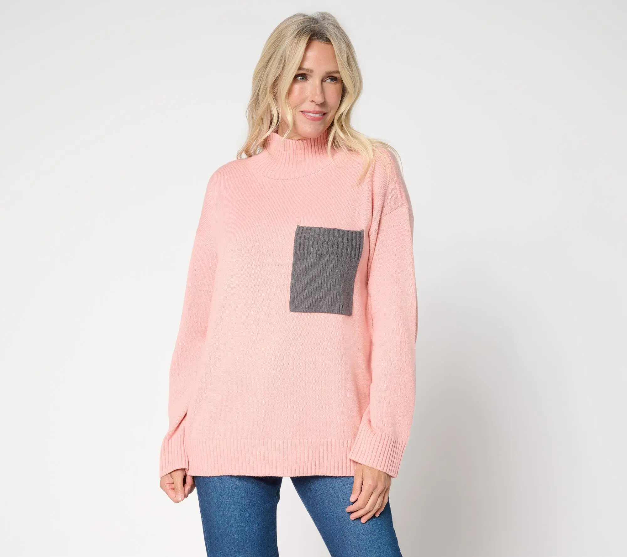 Peace Love World Cotton Turtleneck Color Block Pocket Sweater Peace Love World Cotton Turtleneck Color Block Pocket Sweater