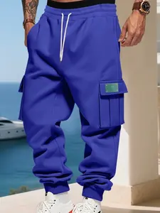 Men's Sporty Fleece Lined Cargo Pants, Loose Fit Outdoor Workwear Joggers, Thick Knit Fabric, Fall & Winter Casual Wear, Casual Sports Trousers