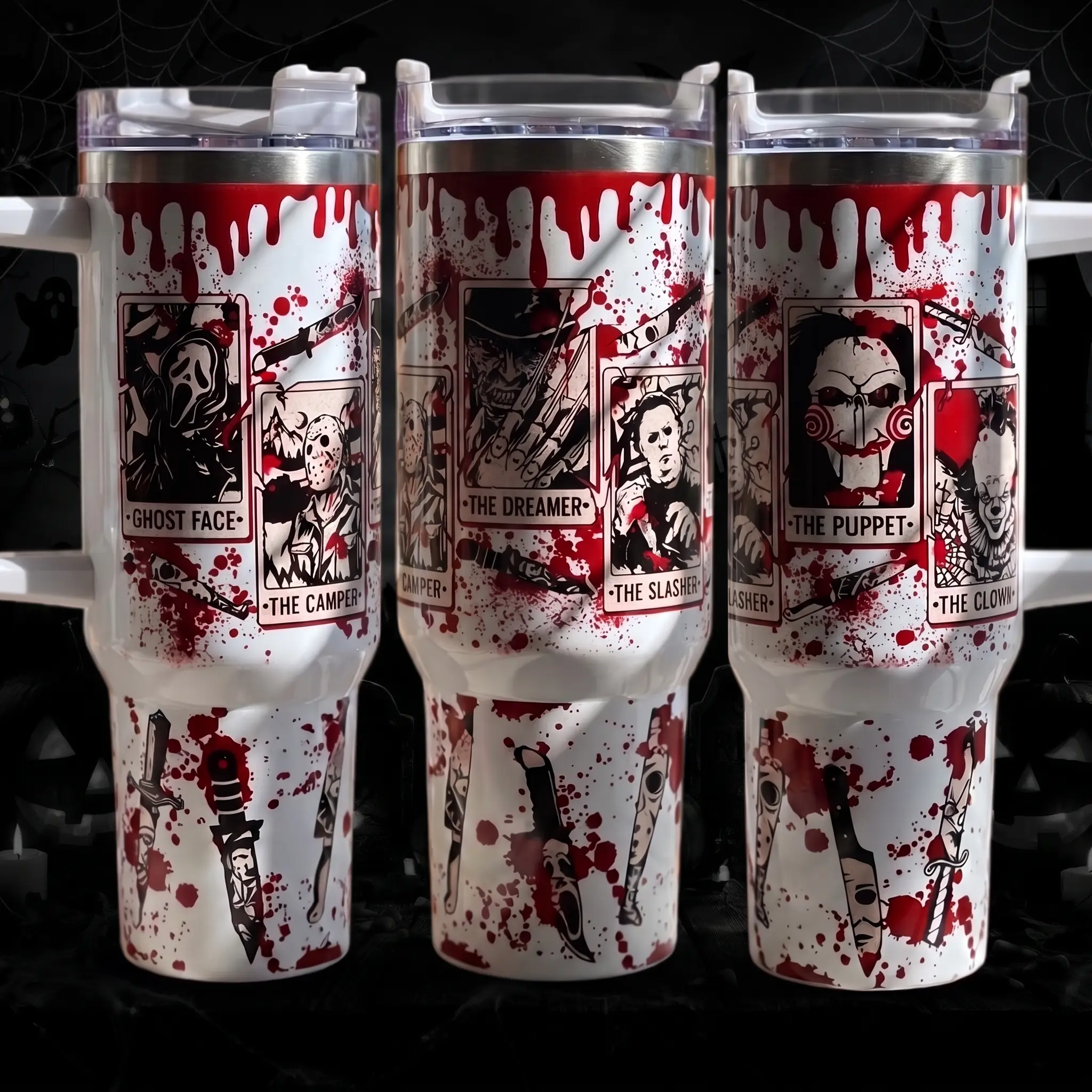 Horror Tarot Cards Ghost Face The Camper The Dreamer The Slasher The Puppet The Clown Tumbler 40oz With Handle Straw, Bloody Halloween Horror Movie Characters Stainless Steel Insulated Travel Mug, Spooky Birthday Gift For Horror Fans