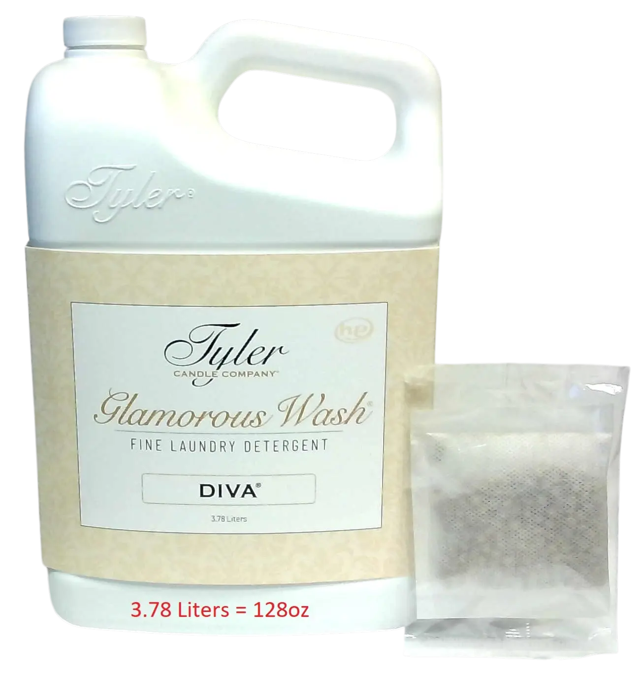 Tyler Candle Company Glamorous Wash Laundry Detergent - Diva Fragrance Cleaner Laundry Fragrance, 3.78L/128oz, Cruelty Free, Machine/Hand Wash Safe, W/ 1 Home Dryer Sachet Pouch