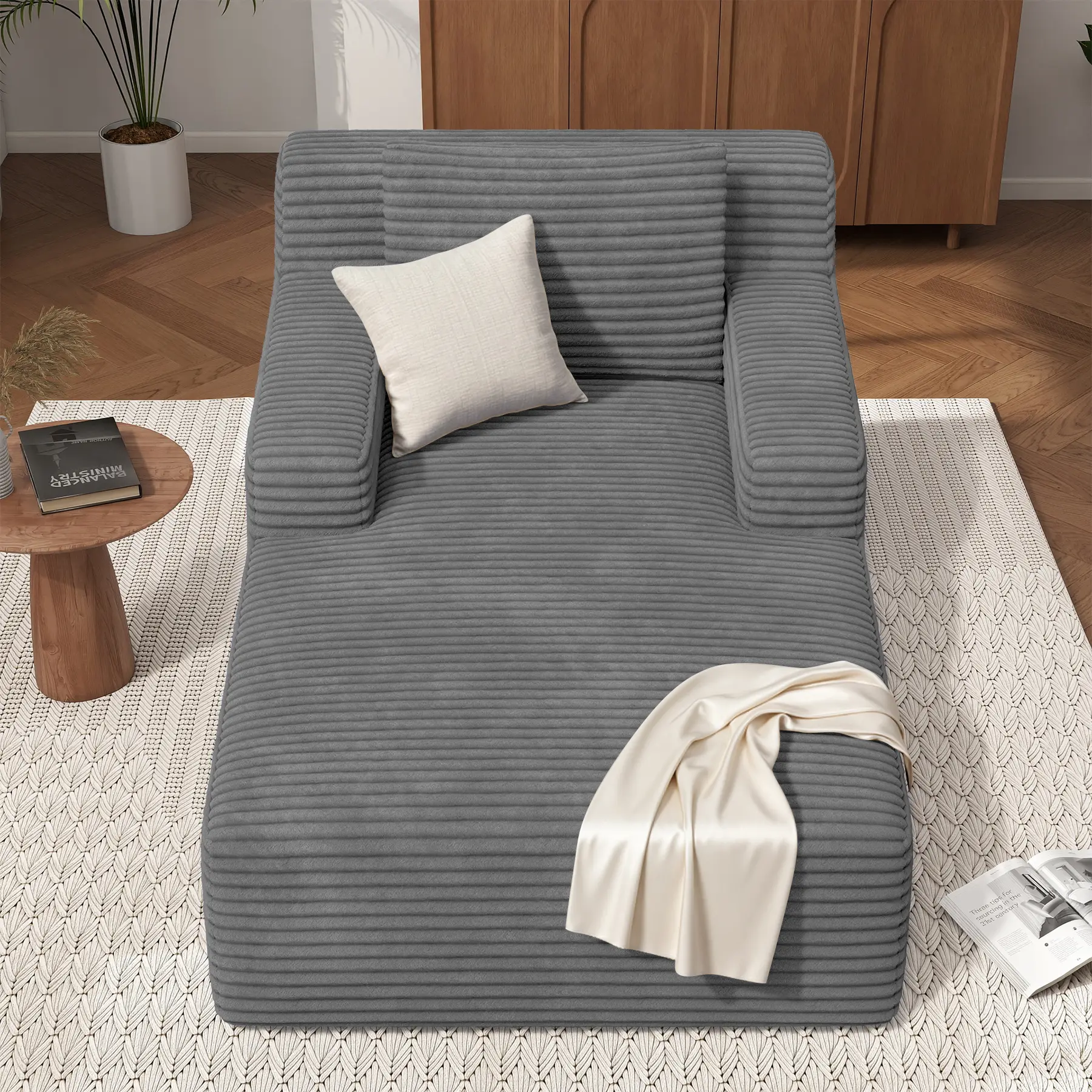 Boneless Sofa Modern Cord Floor Sofa with Sleep Function - Chaise Longue Lounge Sofa, Comfortable Sofa Couch for Living Room, No Assembly Required, 1 Cushion, Black, 160 x 105 x 72 cm
