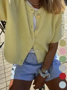 Women's Short Sleeve Crew Neck Button Front Solid Color Ribbed Knit Cardigan, Casual Spring Summer Fashion Cute Daily Street Commuting Loose Fit Knit Top, Women Summer Tops, Cardigan Sweater for Summer, Knitwear