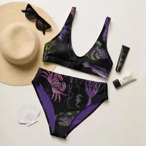 Women Gothic Dark Ocean Bikini Set Crab Seahorse Coral Print High Waist 2 Piece Swimsuit Beach Vacation Summer Festival Swim Bathing Suit