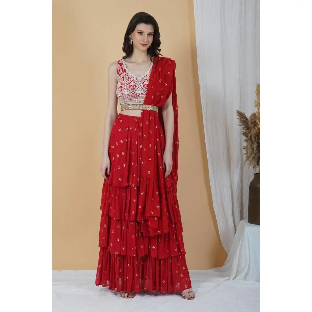 Crimson Red Belt Style Indo-western Set