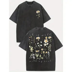 Men's Vintage "It Is Well with My Soul" Floral Print T-Shirt - 230g Washed Pure Cotton Distressed Streetwear Tee with Drop Shoulder, Loose Fit Short Sleeve Round Neck Summer Casual Top