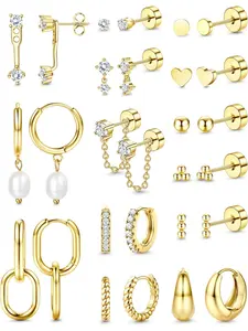14K Gold Plated Earrings Women Hypoallergenic Cartilage Earrings Set for Multiple Piercing Trendy Huggie Hoop Earring Lightweight Earring Stacks Small Cute Pearl CZ Stud Hoop Gold/Silver Tone Earring Stacking Set Earrings Jewelry