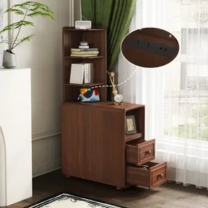 Tall Nightstand with Charging Station, Wood 47.2" Tall End Table with Storage Drawers and Open Bookshelves, Narrow Sofa Table Corner Side Table for Small Spaces, Living Room, Bedroom, Walnut