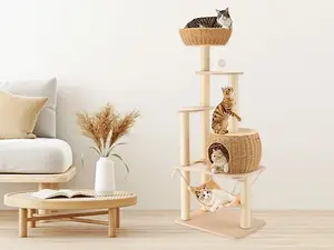 Large Wooden Cat Tree Tower with Hammock, Multi-Level Cat Activity Tree with House, Indoor Cat Climbing Tower with Scratching Post for Large Adult Cats, big platform, scratch resistant, cat furniture protector