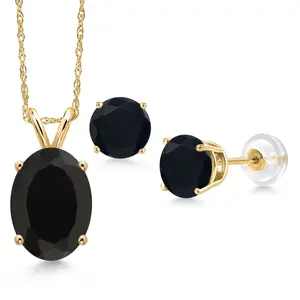 14K Yellow Gold Black Onyx Pendant Earrings Set for Women | 4.60 Cttw | Gemstone December Birthstone | Oval 11X9MM