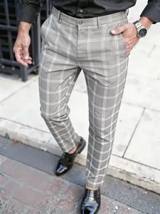 Men's Plaid Checked Business Suit Pants, Slim-Fit Long Pants, Wrinkle-Resistant, Button Fly, All Seasons, Comfortable for Work/dating/ Daily Wear