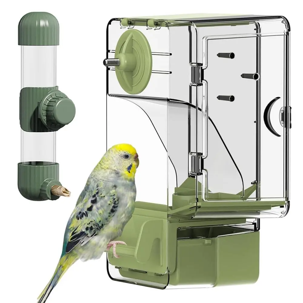 No‑Mess Automatic Bird Feeder and Water Dispenser Set, Transparent Anti‑Spill Parrot Seed Feeder with Seed Husks Drawer, Cage Mount Feeding Kit for Budgies, Cockatiels, Small Pet Birds