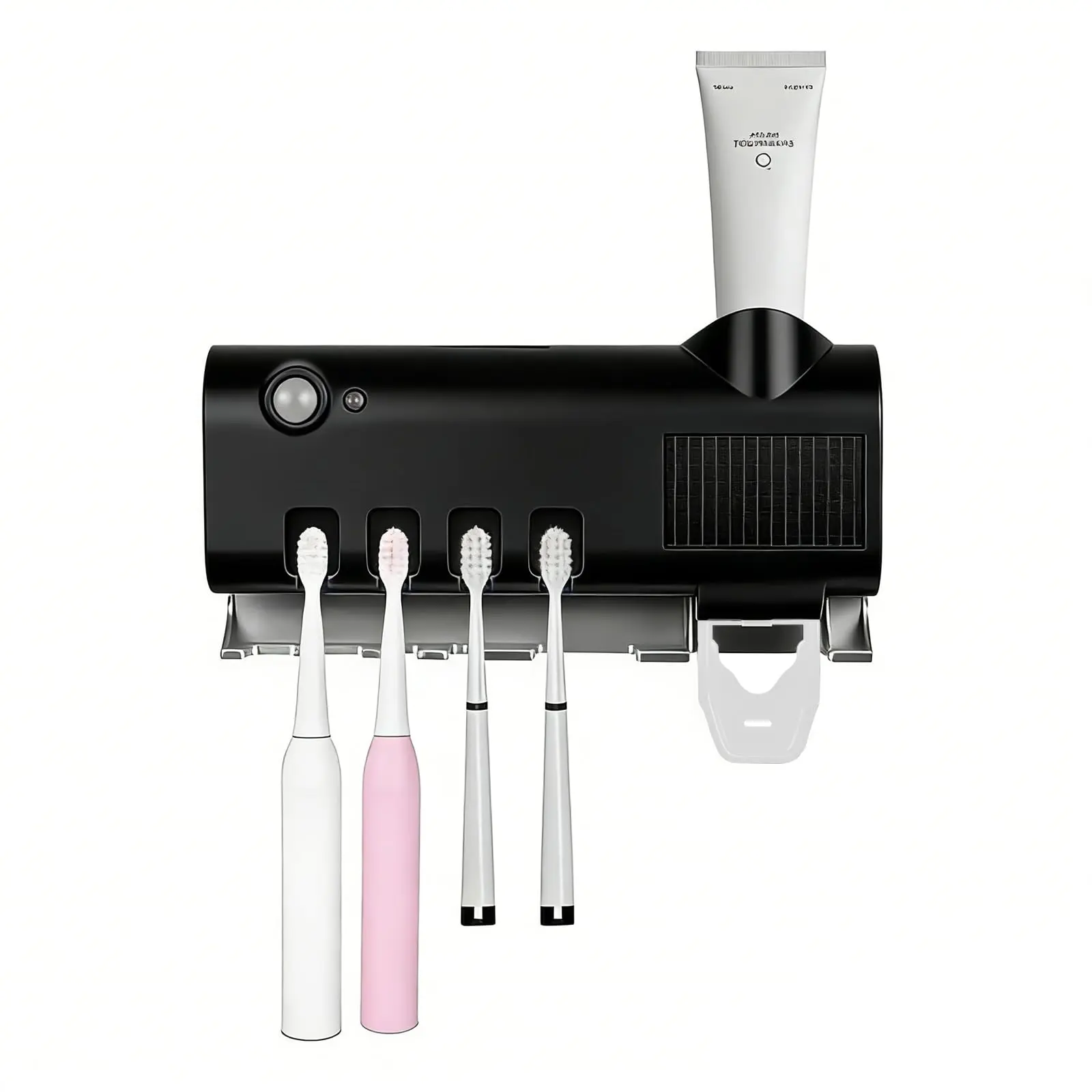 Wall Mount UV Toothbrush Sterilizer - Bathroom Toothbrush Holder with Automatic Toothpaste Squeezer, No-Drill Installation