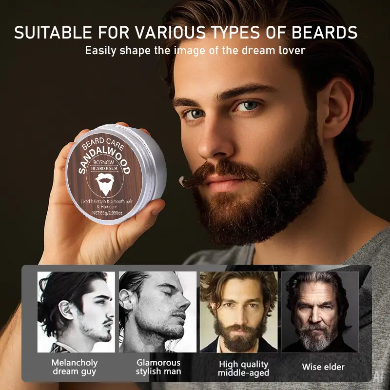 BOSNOW Sandalwood Beard Balm, Net:85g/2.998oz, moisturizes & softens beard, suitable for all beard types to craft diverse stylish men's looks effortlessly.