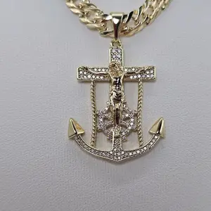 (88)Gold Anchor Cross Pendant Necklace with Rhinestones for Men Women Fashion Jewelry 24 inch chain