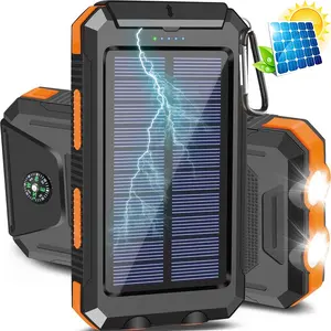 [FREEShip] Solar Charger Power Bank, 10000mAh High-Capacity Portable Charger, Dual USB Fast Charging, LED Flashlight and Compass, IP65 Waterproof Outdoor Emergency Power Bank