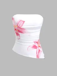 Elegant Floral Print Strapless T-Shirt with Basic Neckline, Soft and Breathable Fabric for Casual and Office Wear, Perfect for All Seasons