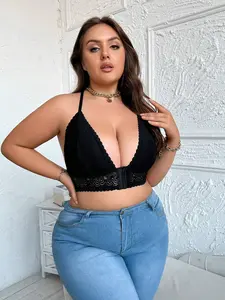 Plus Size Women's Lace Wireless Bra with Hook & Eye Front and Cross Back Design - Comfort, Womenswear Comfort Lingerie Backless Elegance Fashion Light