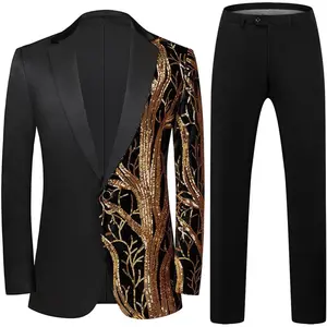 Mens 2 Piece Suit Slim Fit Sequin Shiny One Button Tuxedo Black Sequin Jacket Pants Sets for Wedding Party Prom
