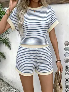 Women's Striped Knit Short Sleeve Shorts Set Loungewear Set, Lounge Set Pajamas for Women Loose Fitting Sleepwear Casual Summer Homewear, Stripe, Beach Vacation Style, Outdoor Wear Sleepwear Pyjama Set