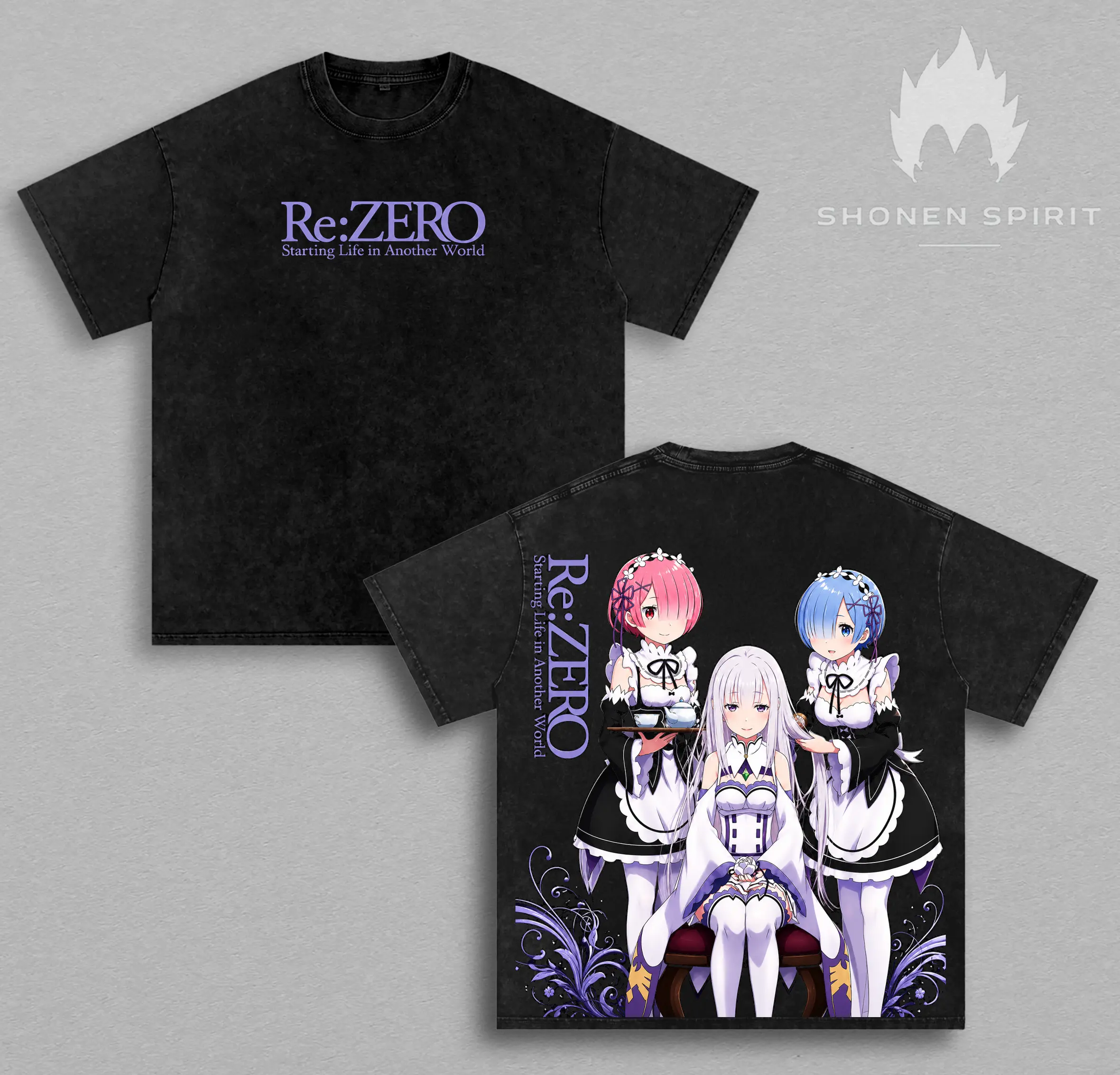 Re:ZERO Starting Life in Another World T-Shirt Washed, Emilia Rem & Ram Graphic Tee, Re:ZERO Anime Washed Shirt, Isekai Fantasy Streetwear, Heavyweight Oversized Cotton Unisex T-Shirt, Gift for Anime Fans