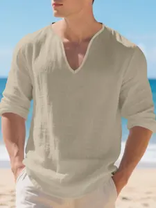 Men's American Style Linen Long Sleeve T-Shirt, Casual Deep V Neck Solid Color Loose Fit Top, Spring & Fall Basic Tee
