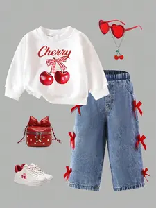 Young Girls Casual Cute Sweet Cherry Bow Print Knit Sweatshirt and Jeans Pants Set, Cute Clothing Set, Cute Outfit, Fall/spring Fashion, Comfortable