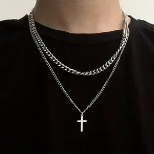 2pcs Stainless Steel Titanium Chain Men Necklaces Sporty, Stackable, Durable Flat Link Design with Cross Pendant Modern Necklace Set for Casual Attire