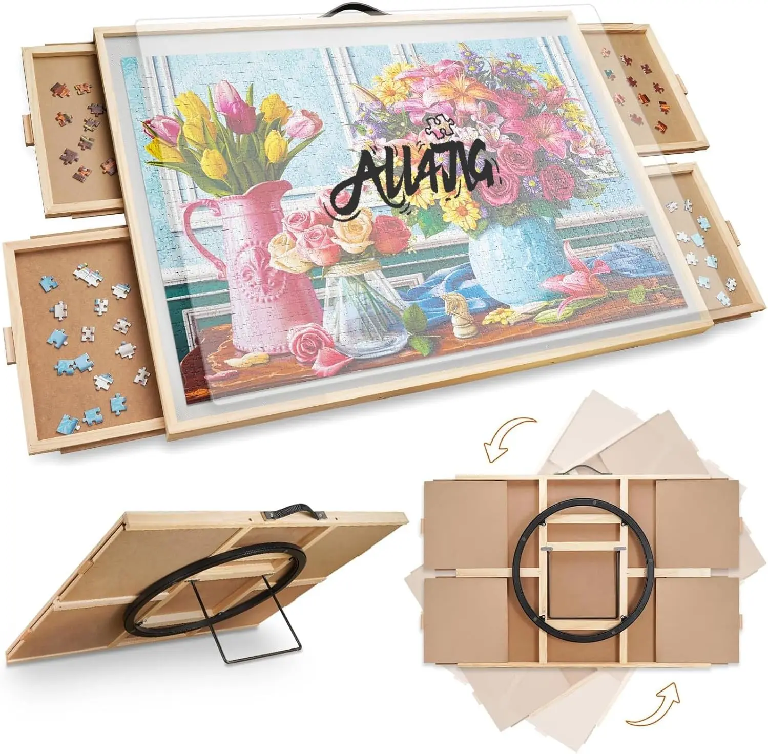 ALL4JIG 1000/1500/2000 piece 2-in-1 Puzzle Table for Adults and Mother’s Day Gift with Wooden Tabletop, Drawers, Rotating Lazy Susan, and Dustproof Cover, Features Rotating and Tilting Angle Adjustment, Portable and Eco-Friendly Design