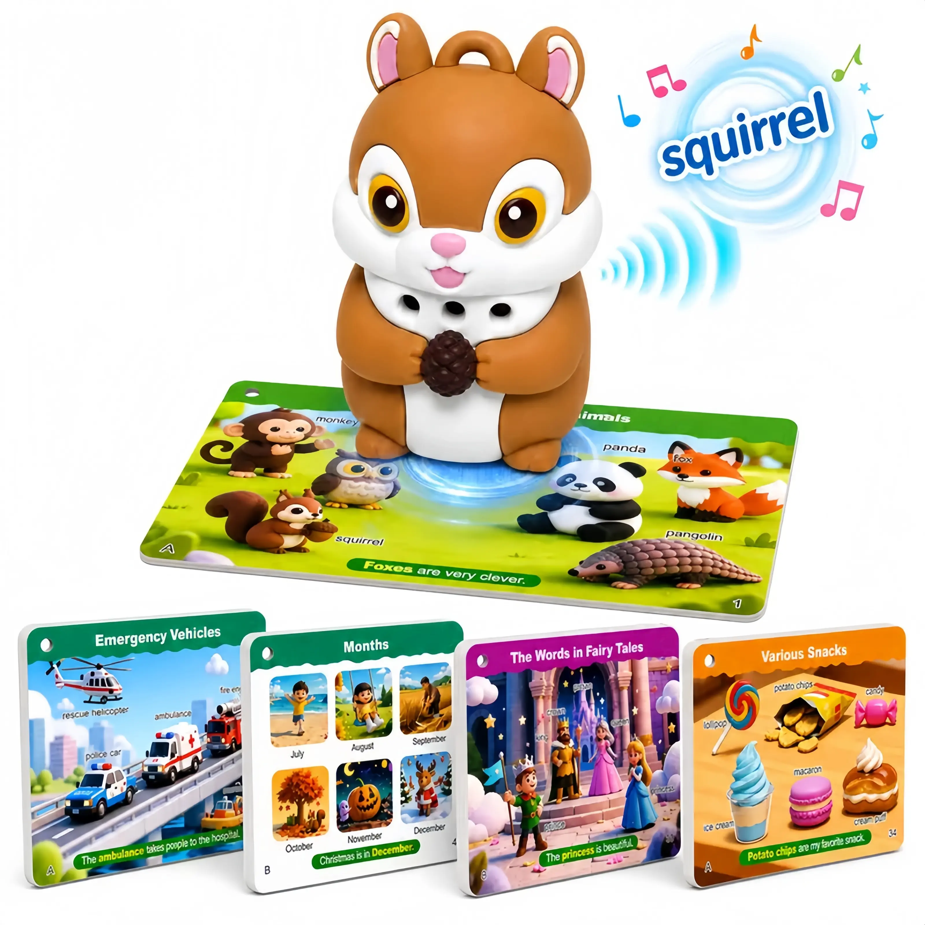 Cute Squirrel Talking Flash Cards Preschool Learning Toy - Screen-Free Interactive Audible Educational Toy with Multi-Themed Vocabulary, Rechargeable Speech Therapy Phonics Learning Toy for Toddlers Kids Ages 2-6, Ideal Birthday Christmas Travel Gift