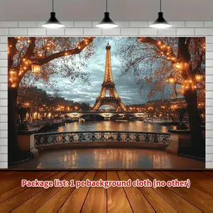 1pc 2D Flat Eiffel Tower Romantic Night Landscape Parisian Cityscape Background Fabric, 179. 83×229. 87cm, Party Banner, Dreamy Romantic Paris Night Scene for Bedroom, Living Room, Wedding Anniversary and Studio