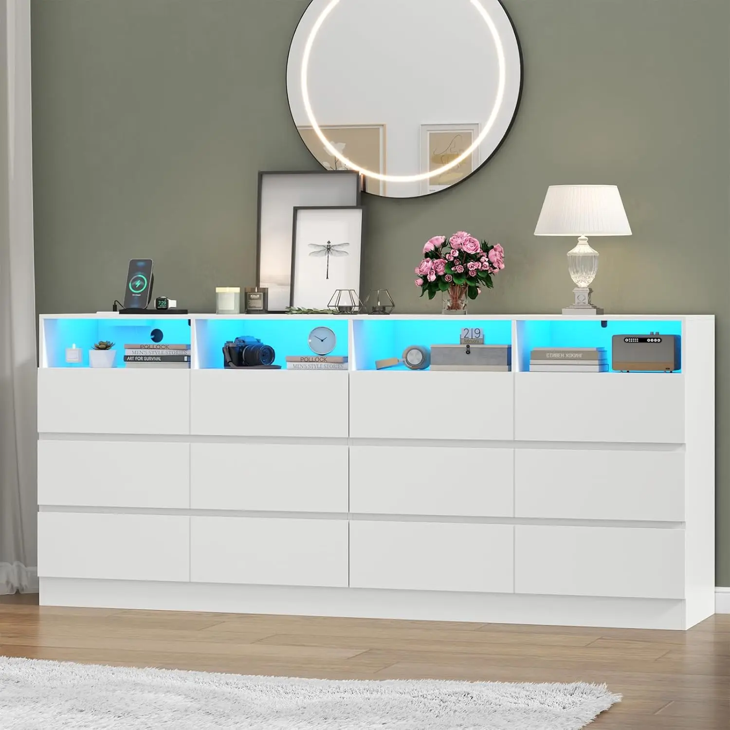 Gyfimoie 12 Drawer Black Dresser with Charging Station & Led Lights,Modern Wide Dresser, Large Dressers Organizer with 4 Open Cubbies Sideboard Buffet Cabinet