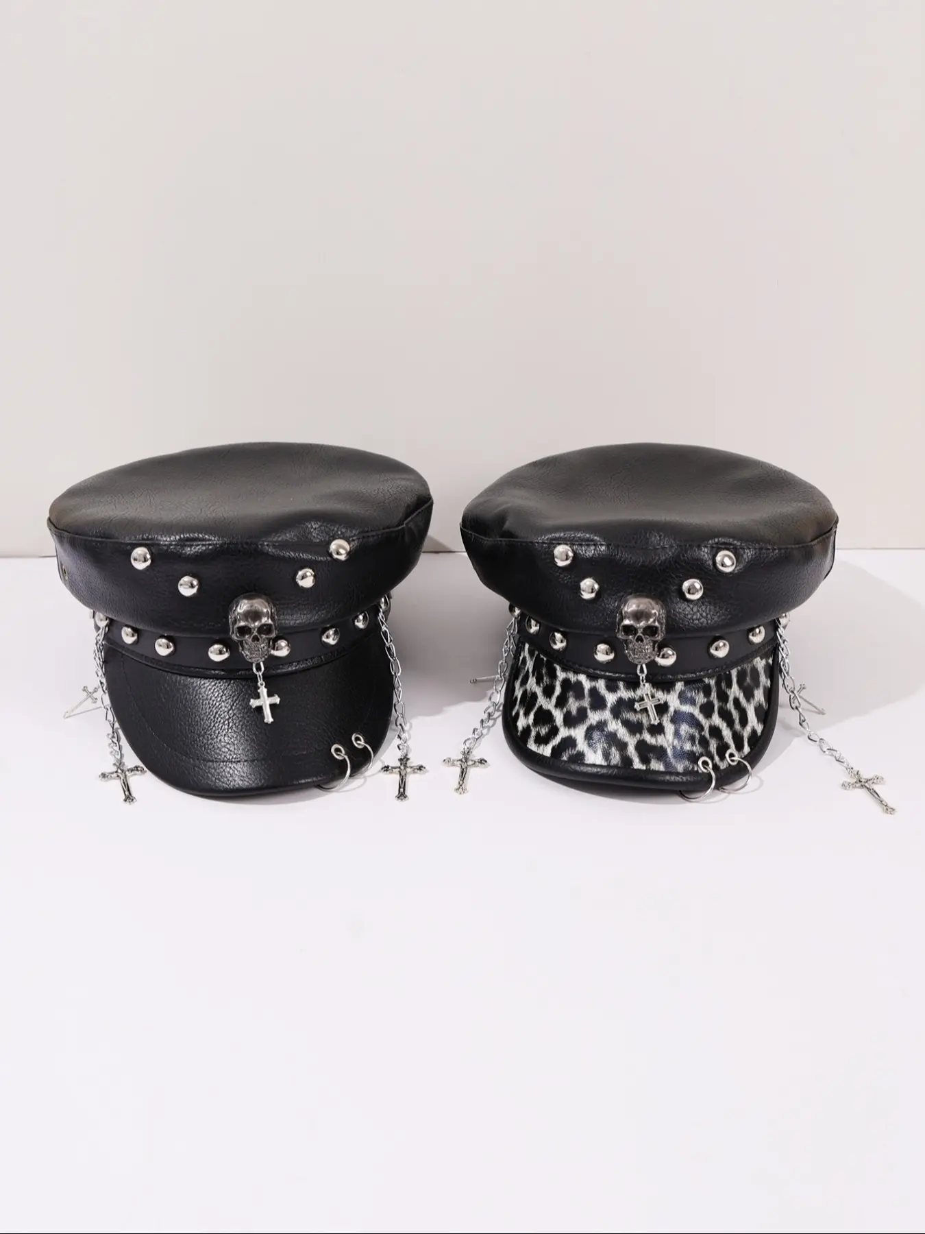 Punk Leather Newsboy Hat, Plain Pattern, Skull Cross Chain & Metal Nails, Avant-Garde Gothic Street Style, Durable Daily Wear Accessory, Structured Hat