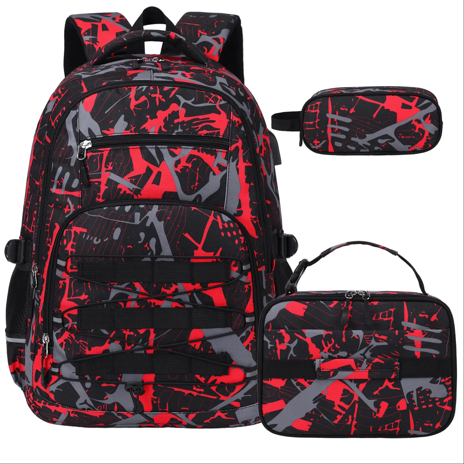 SIMILOVE Basic Blue Black Camo Tactical Backpack Set for Boys - School Backpack with USB Port, Headphone Jack, Lunch Bag, Pencil Case for Elementary-Middle School Teens