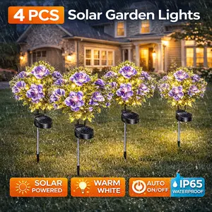 4 Pack Solar Purple Flower Lights Outdoor, Warm White LED Solar Garden Stake Lights, Auto On/Off IP65 Waterproof Landscape Lighting for Yard, Lawn, Pathway