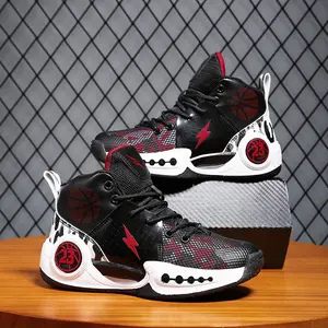LISM Men's High-Top Sneakers - Breathable Mesh Upper with Shock-Absorbing Rubber Outsole, Non-Slip Design for Running, Walking in Black & Red Geometric Pattern