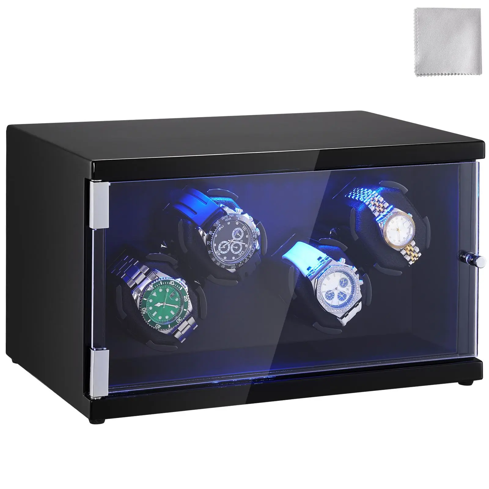 【summerfinds】VEVOR Watch Winder, Watch Winder for 4 Men's and Women's Automatic Watches, with 2 Super Quiet Japanese Mabuchi Motors, Blue LED Light and Adapter, High-Density Board Shell and Black PU