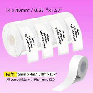 4 rolls of 14x40mm thermal label paper, plus 1 roll of continuous format label stickers, Adhesive stickers, compatible with D30/D35/L1/P12/P15 label printers, smooth printing, suitable for home and commercial labels