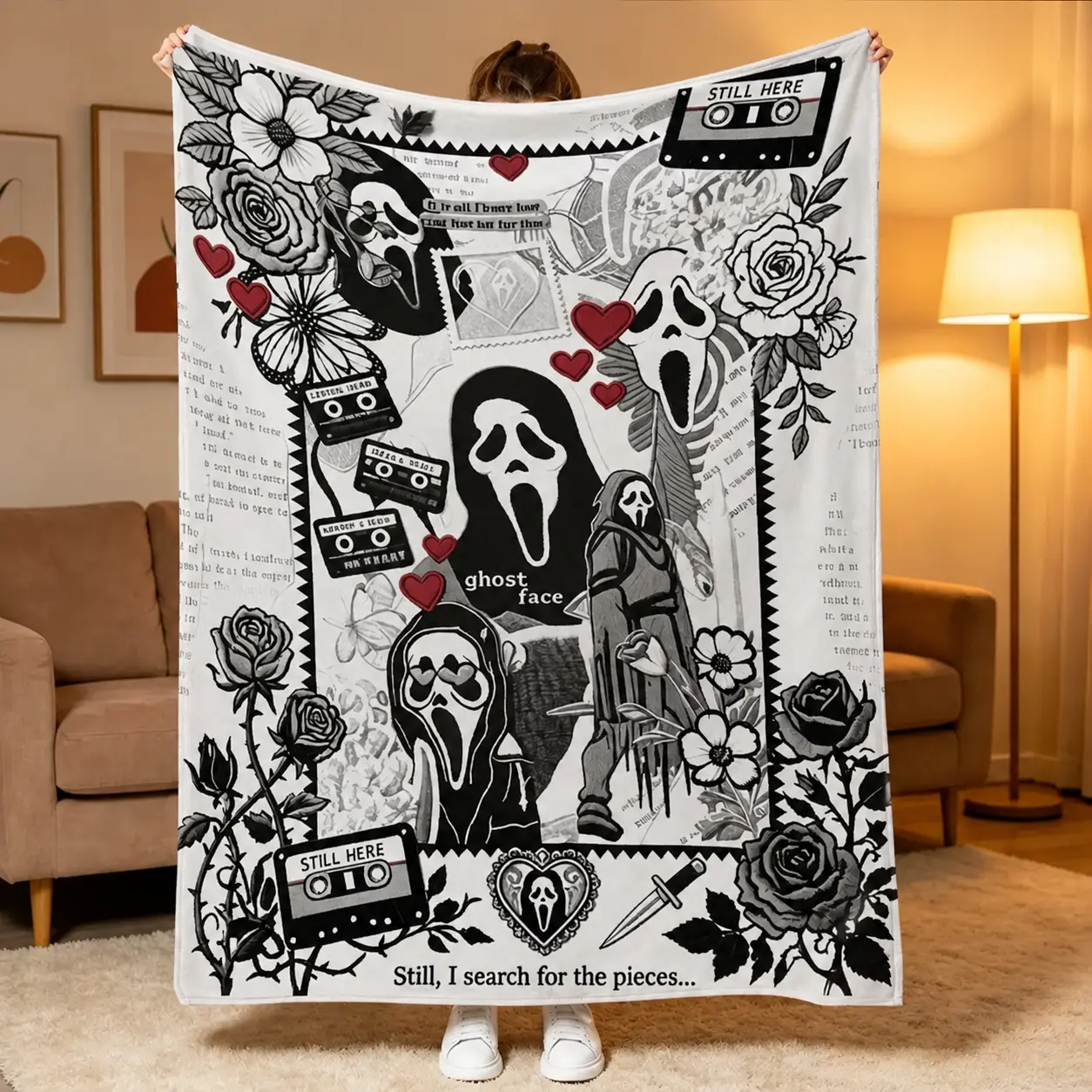 Ghost Face Roses Floral Cassette Embroidery Flannel Blanket - Soft Warm Lightweight Art Print Decorated Throw with Floral Accents, Face Print Option for Bedroom, Halloween Home Decor Gift, Art Print Blankets, Decorated Blankets