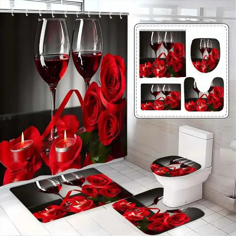 1/4-piece Valentine's Day shower curtain set with red wine and rose design, includes a non-slip mat, U-shaped rug, and toilet seat cover, comes with 12 shower curtain hooks, Bathroom Decoration Accessories