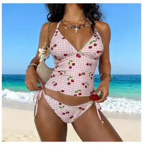 Women's Tankini Swimsuit  Cherry Gingham Two Piece Bathing Suit  Sweetheart Neckline  Adjustable Straps  Vintage Retro Swimwear for Women  Summer Beach Pool
