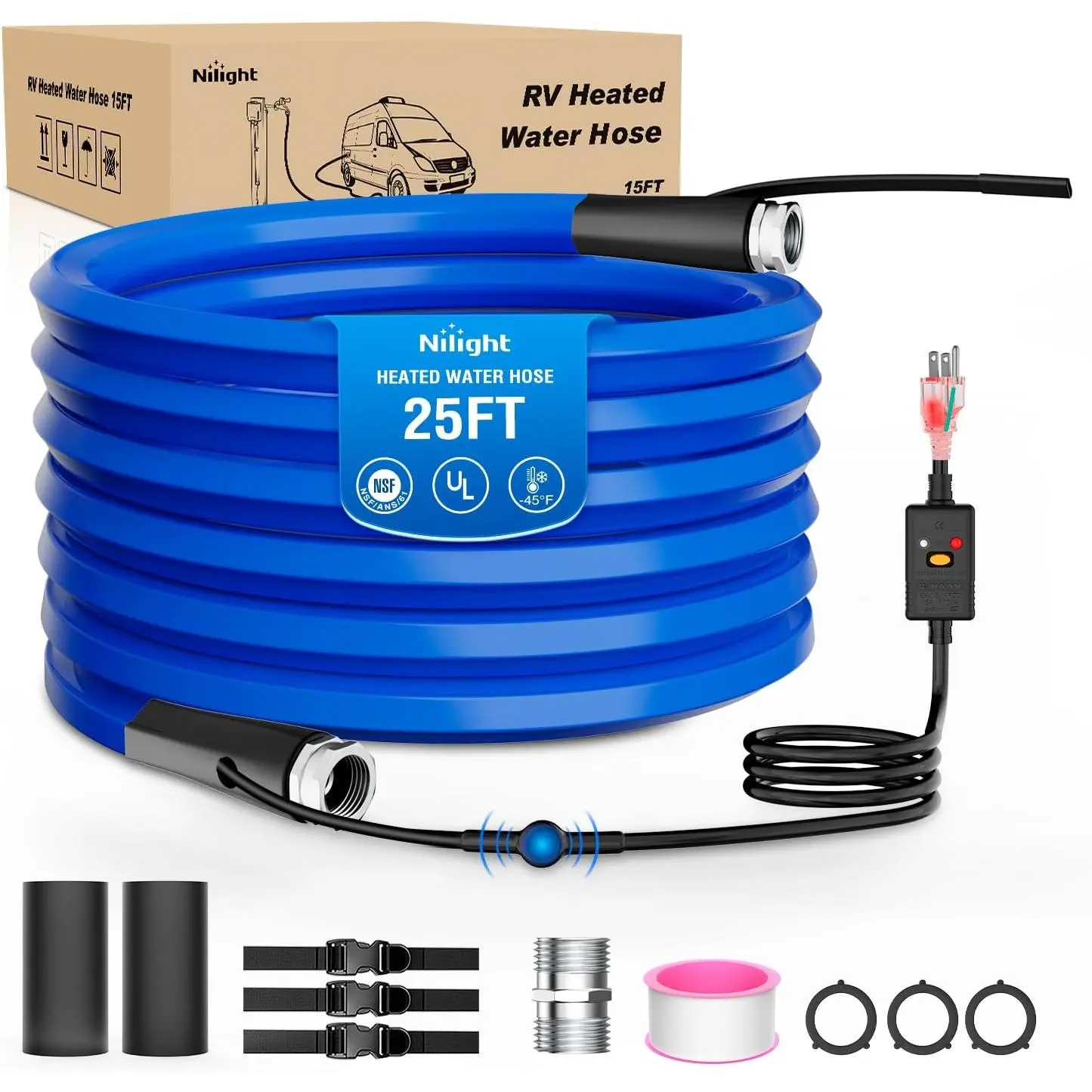Nilight RV Heated Water Hose, 25FT 5/8in Inside Diameter, -45°F Freeze Protection, Plug-In Energy-Saving Thermostatic System, Aluminum Fittings, Gaskets, GFCI Protection, NSF-61 Certified, UL-Certified LED Plug, Camping Gardening Water Pipes Accessory