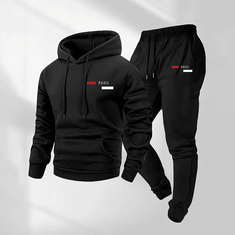 Men's Yoga Tracksuit Set, 2-Piece Sporty Chic Paris Letter Print Polyester Athletic Activewear with Long Sleeve Hoodie, Casual Workout Loungewear