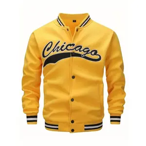 Chicago Men's Casual Yellow Baseball Jacket with Varsity Design & Button Front Embroidered Logo