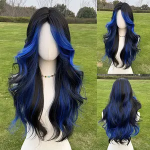 SMILCO/28Inch Highlight Blue with Black Long Wavy Synthetic Wig/SM1682