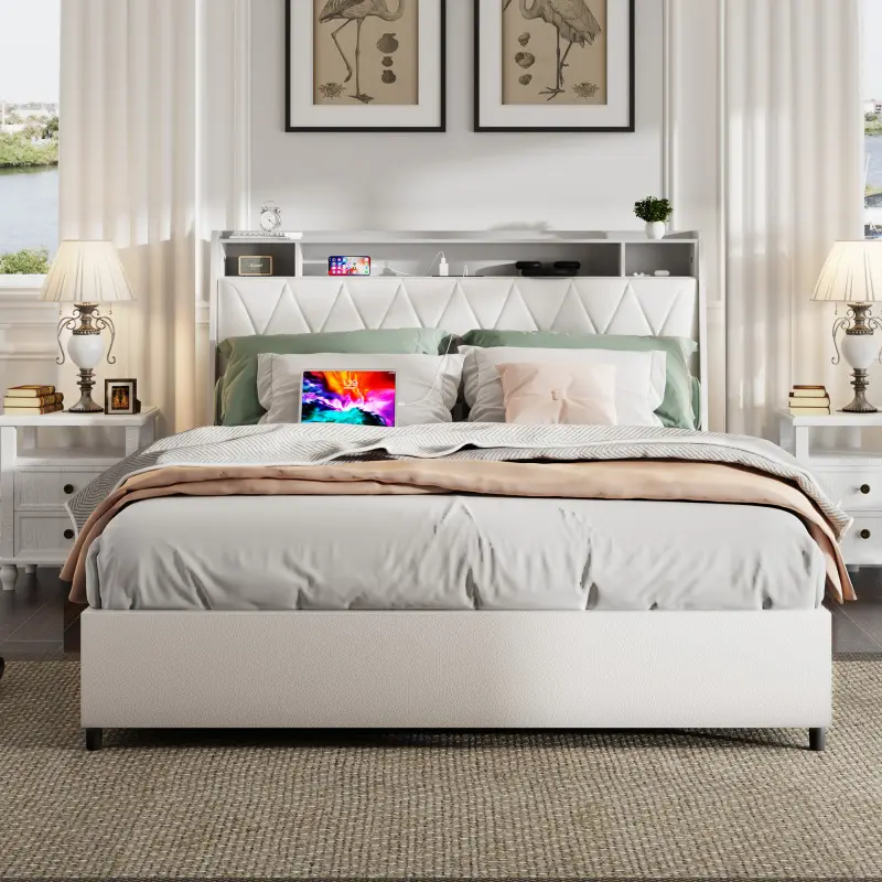 Bellemave Queen Size Glam Metal Bed Frame - PU Leather Ergonomic Headboard, Built-in Outlets & Charger, USB Port, Storage Shelf, Reinforced Slats, Noise-Free, No Box Spring Needed, 105.82 lbs Capacity, Under Bed Storage