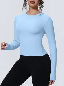 Women's Solid Long Sleeve Crop Top - High Stretchy Workout Shirt for Yoga, Running, Fitness, Activewear Tee, and Casual Activewear - Breathable, Moisture-Wicking, Slim Fit Athletic T-Shirt for Gym, Pilates All Seasons Athletic Sports Clothing