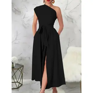 Elegant women’s one-shoulder slit dress, stylish and comfortable summer style, perfect for parties and special occasions GARMENTARY