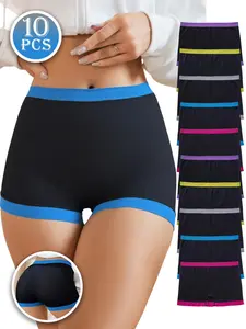 Women's Solid Color Contrast Trim Boyshorts Panties, High Stretch Breathable Comfortable Anti-Exposure Knicker for Daily Wear, Women's Underwear for All Seasons