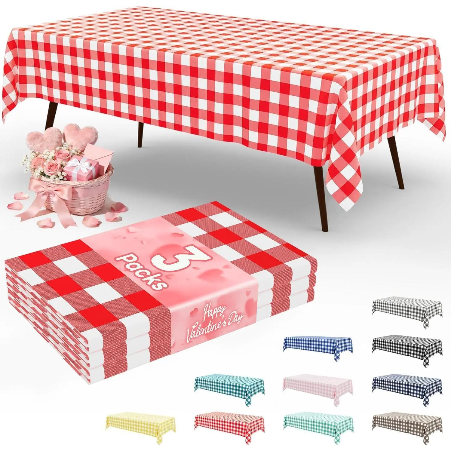 3 Pack Casual Red Checked Rectangle Disposable Tablecloths - 54x108" Heavy-Duty Plastic Table Covers, Waterproof for Picnic, Valentine's Day Parties