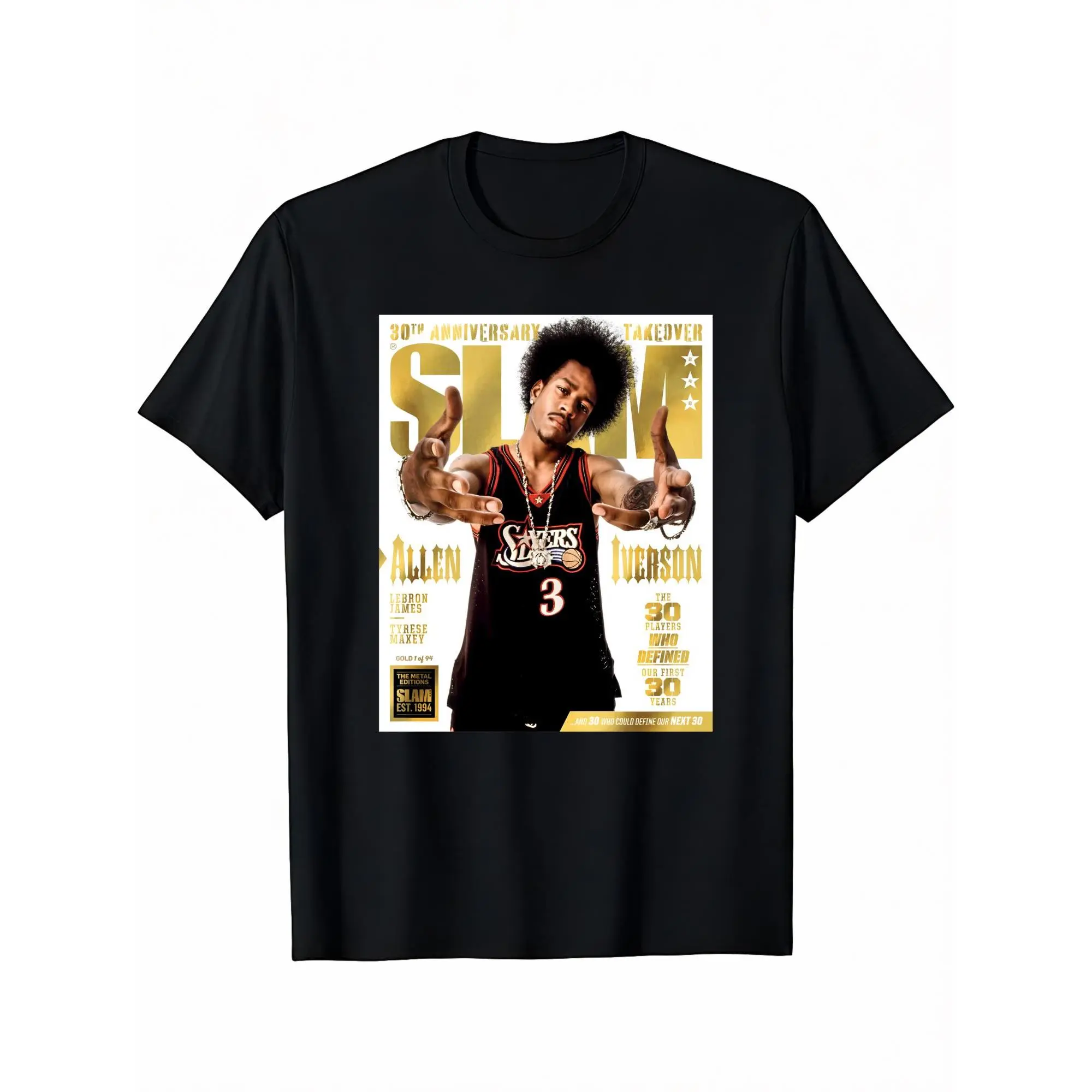 Men's 100% Cotton Fitted Vintage Graphic T-Shirt - Short-Sleeve, Round Neck, Allen Iverson SLAM Cover Digital Print, Casual Basketball Top, Korean Preppy Retro Style, Holiday Wear (Do Not Dry Clean), Chic, Figure
